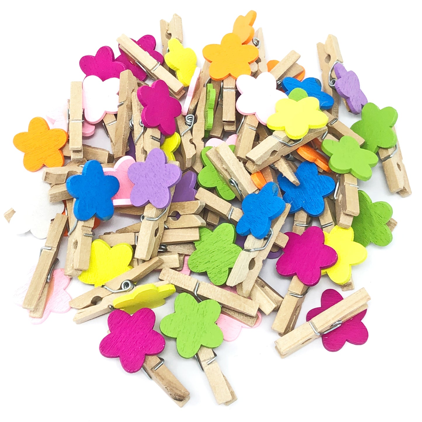 Multicoloured 30mm Natural Pegs with 18mm Coloured Wooden Flowers