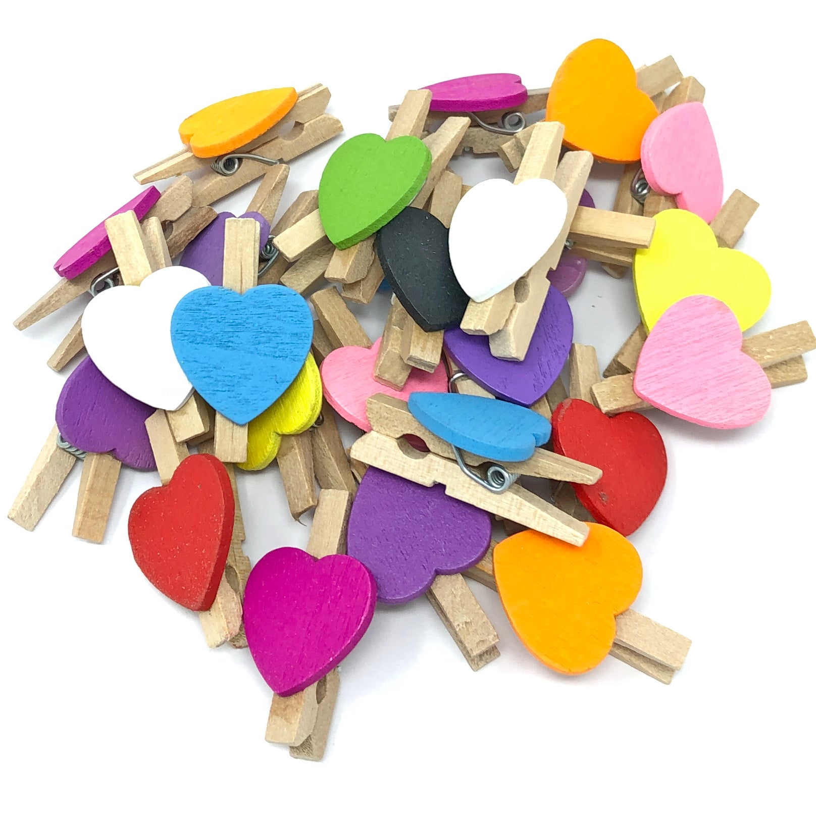 Multicoloured 30mm Natural Pegs with 18mm Coloured Hearts