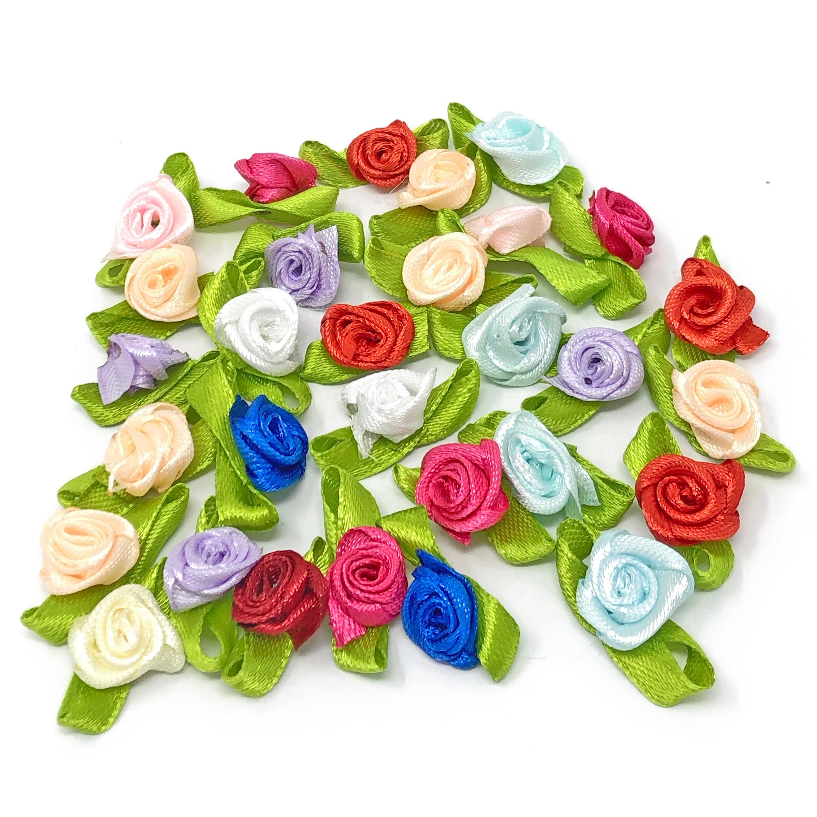 Multicoloured Mini 15mm Rose Satin Ribbon Rose Buds With Base