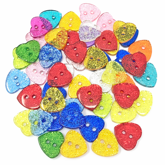 Multicoloured 50 Mix Glitter Heart 13mm Resin Buttons