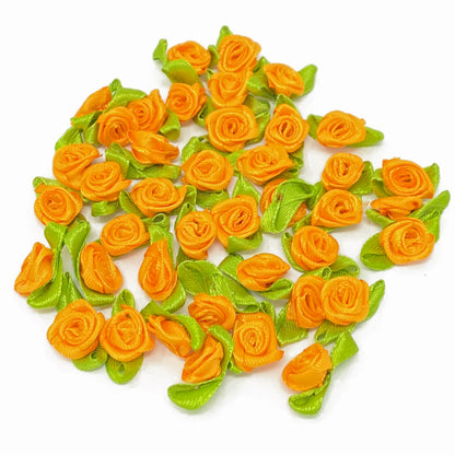 Orange Mini 15mm Rose Satin Ribbon Rose Buds With Base
