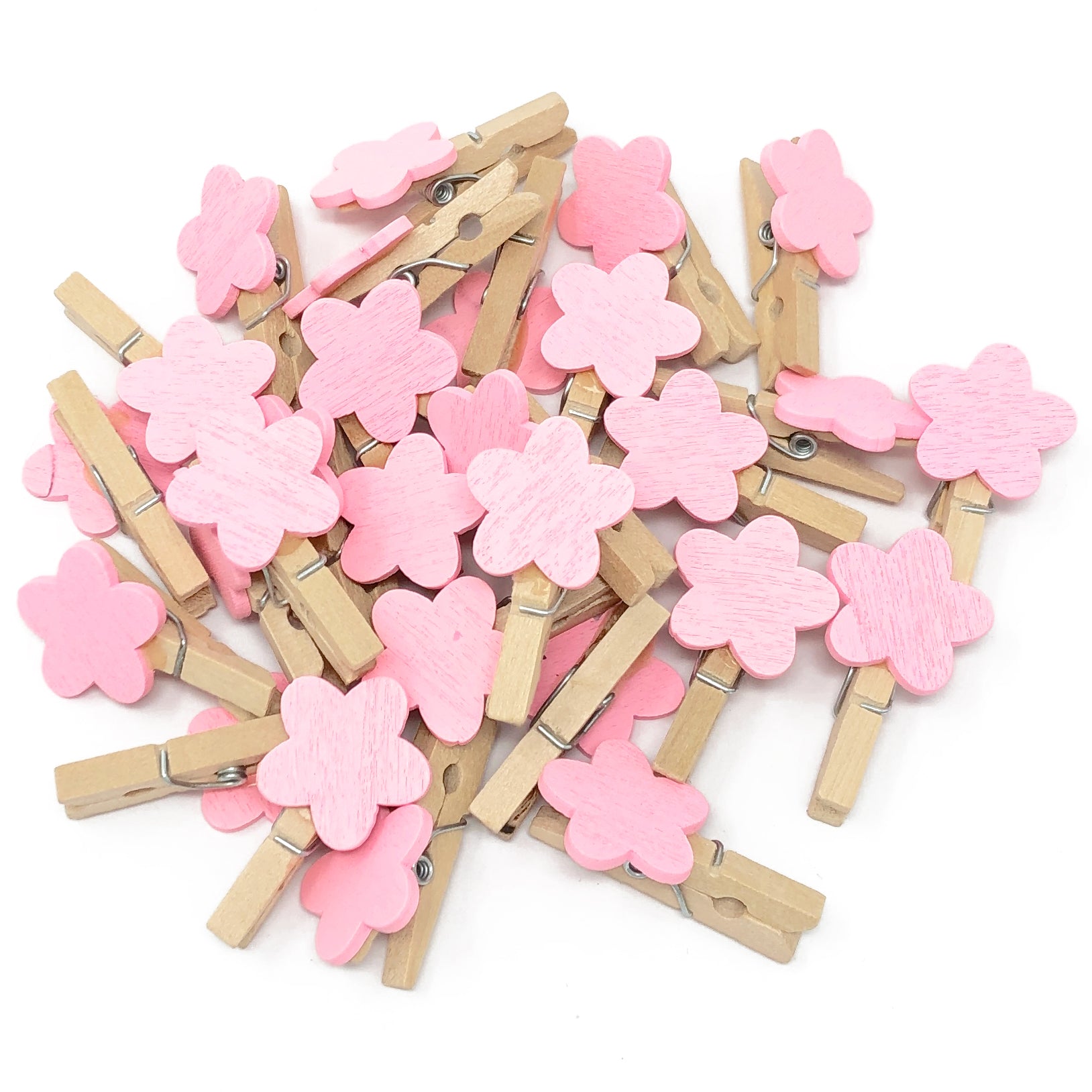 Pink 30mm Natural Pegs with 18mm Coloured Wooden Flowers