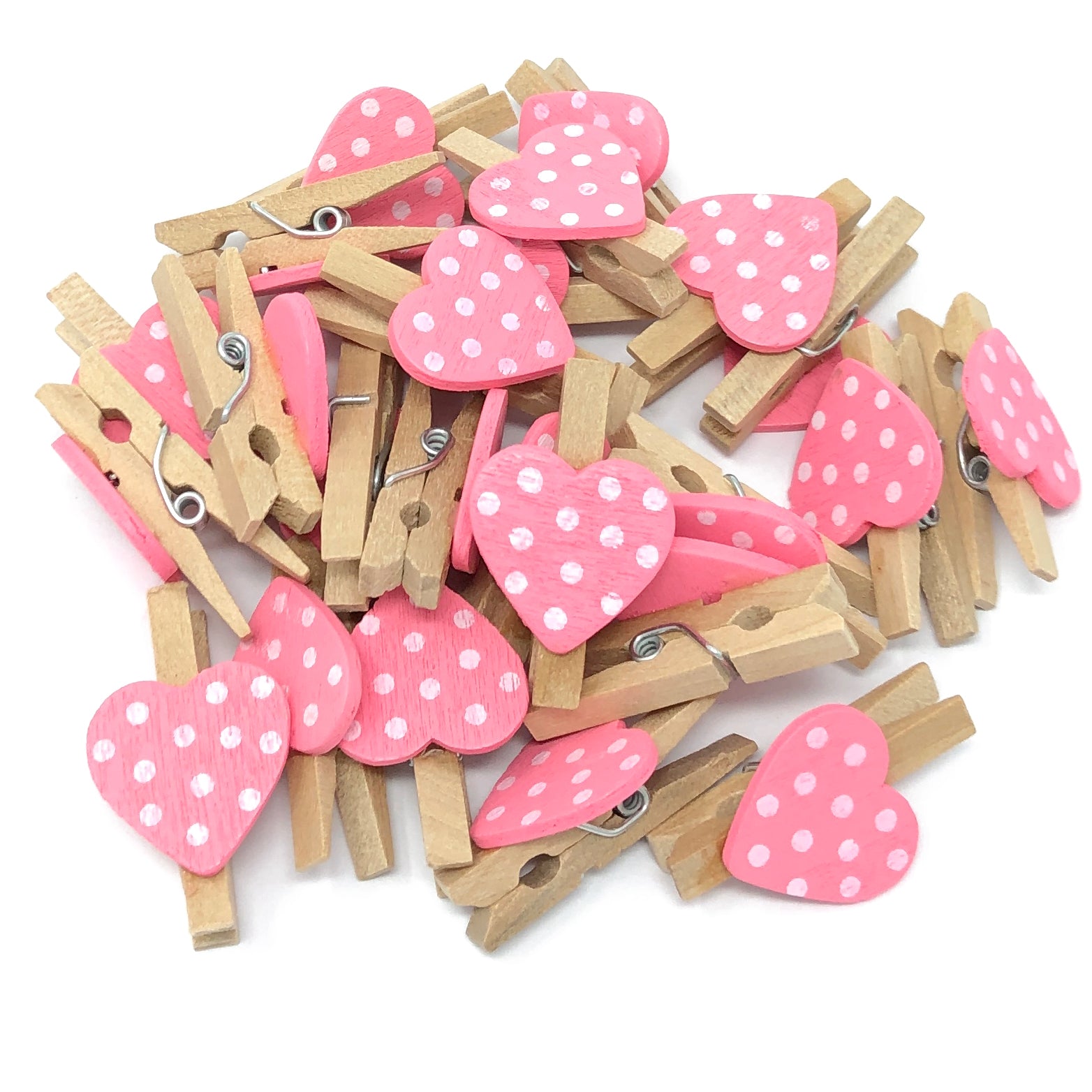 Pink 30mm Natural Pegs with 18mm Spotty Hearts