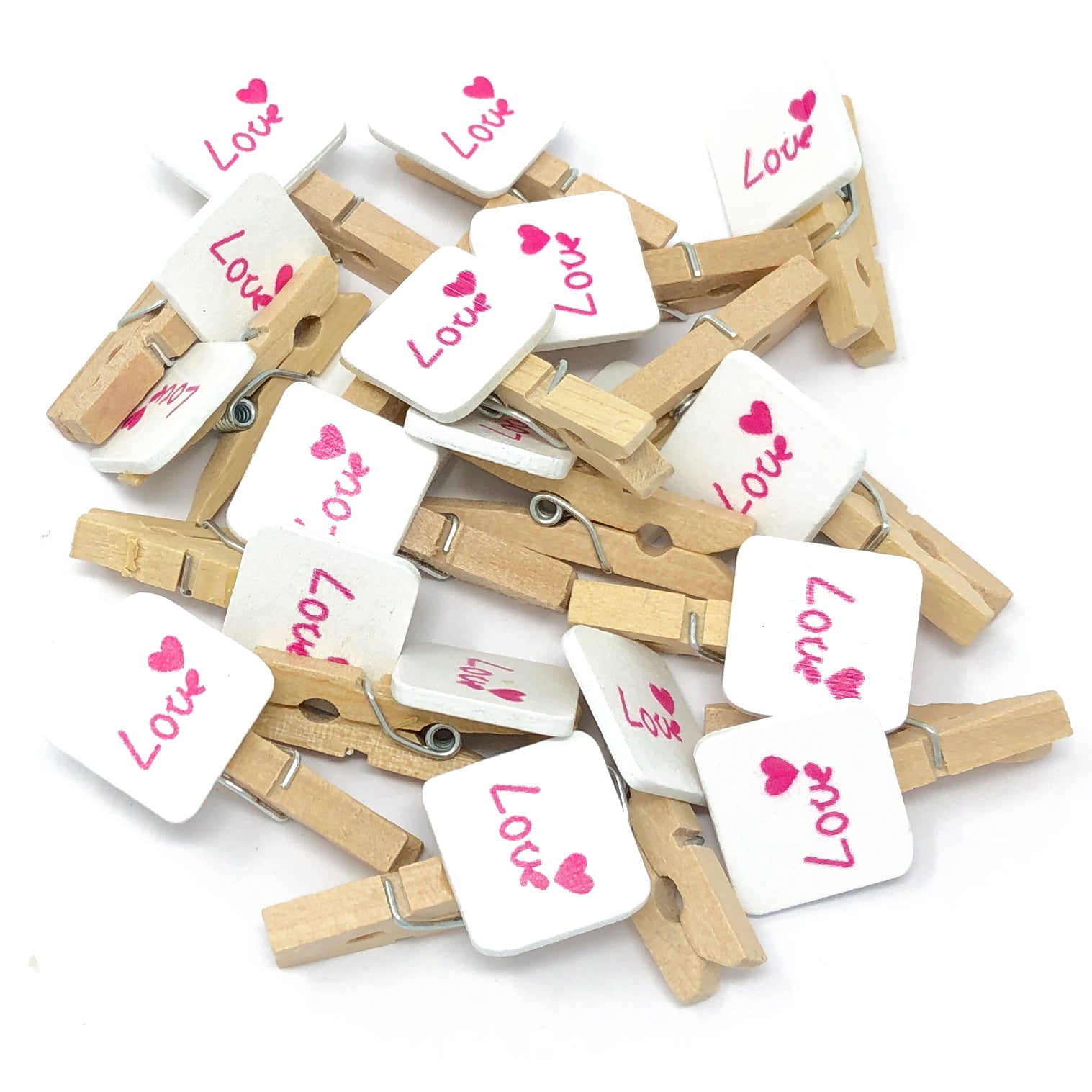 Pink 30mm Natural Pegs with 18mm Square 'Love' Tags