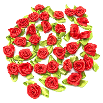 Red Mini 15mm Rose Satin Ribbon Rose Buds With Base