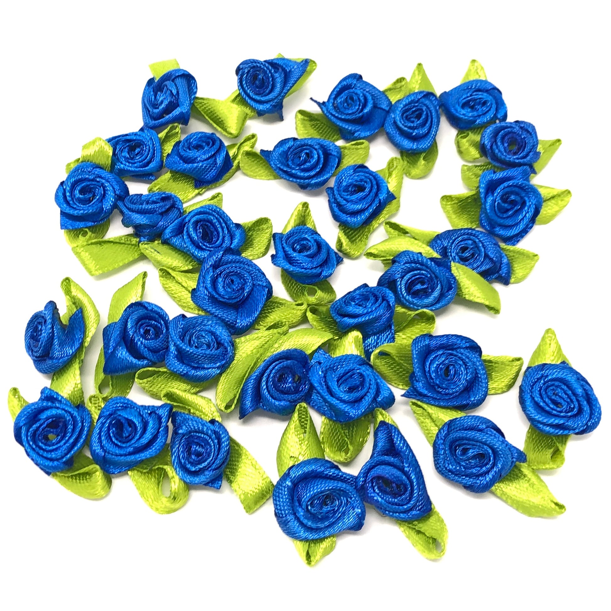 Royal Blue Mini 15mm Rose Satin Ribbon Rose Buds With Base