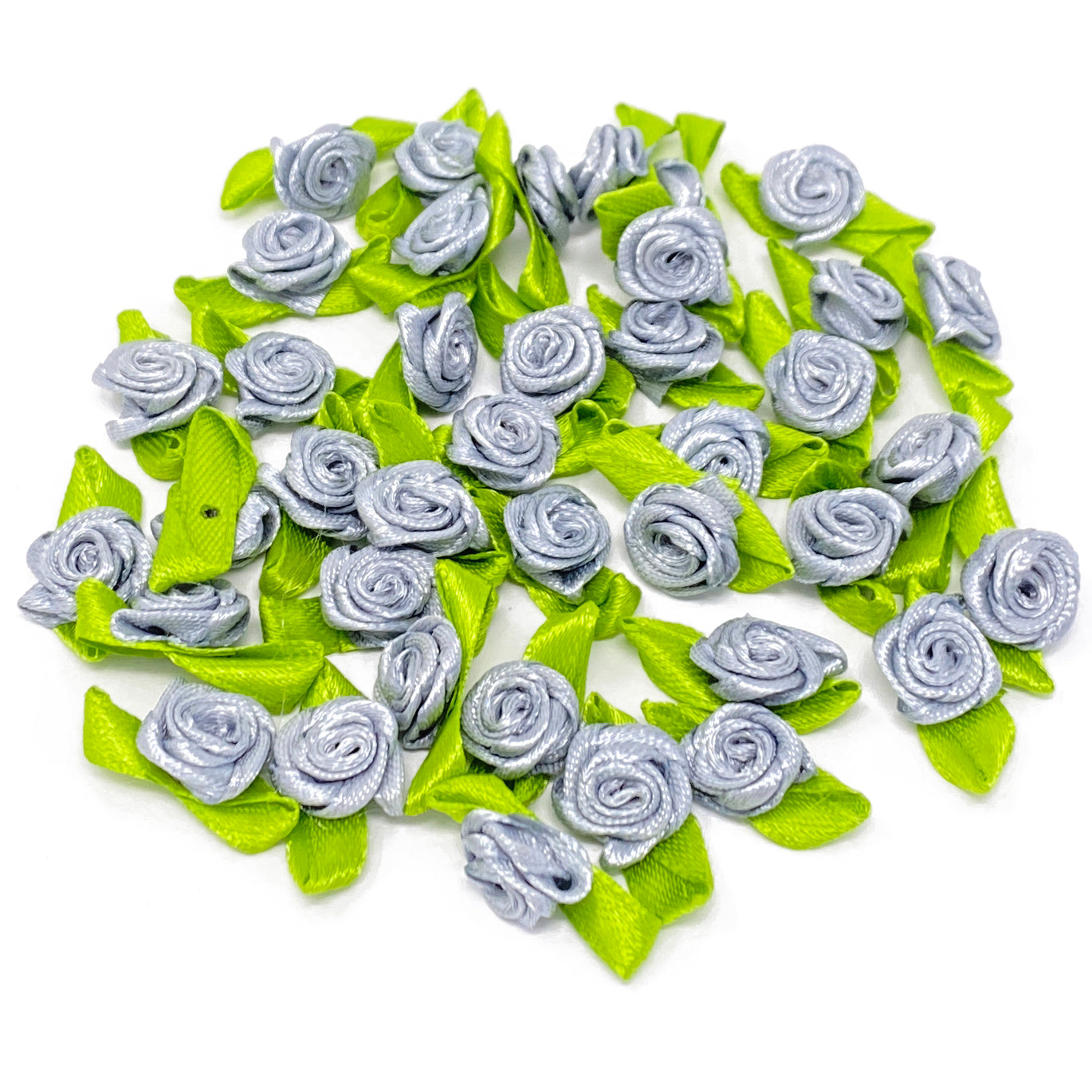 Silver Mini 15mm Rose Satin Ribbon Rose Buds With Base
