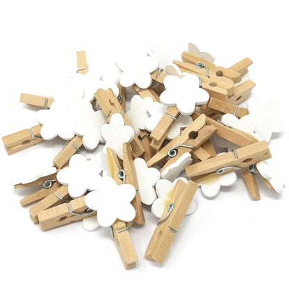 White 30mm Natural Pegs with 18mm Coloured Wooden Flowers