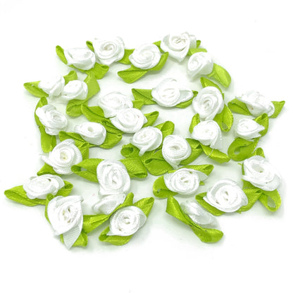 White Mini 15mm Rose Satin Ribbon Rose Buds With Base