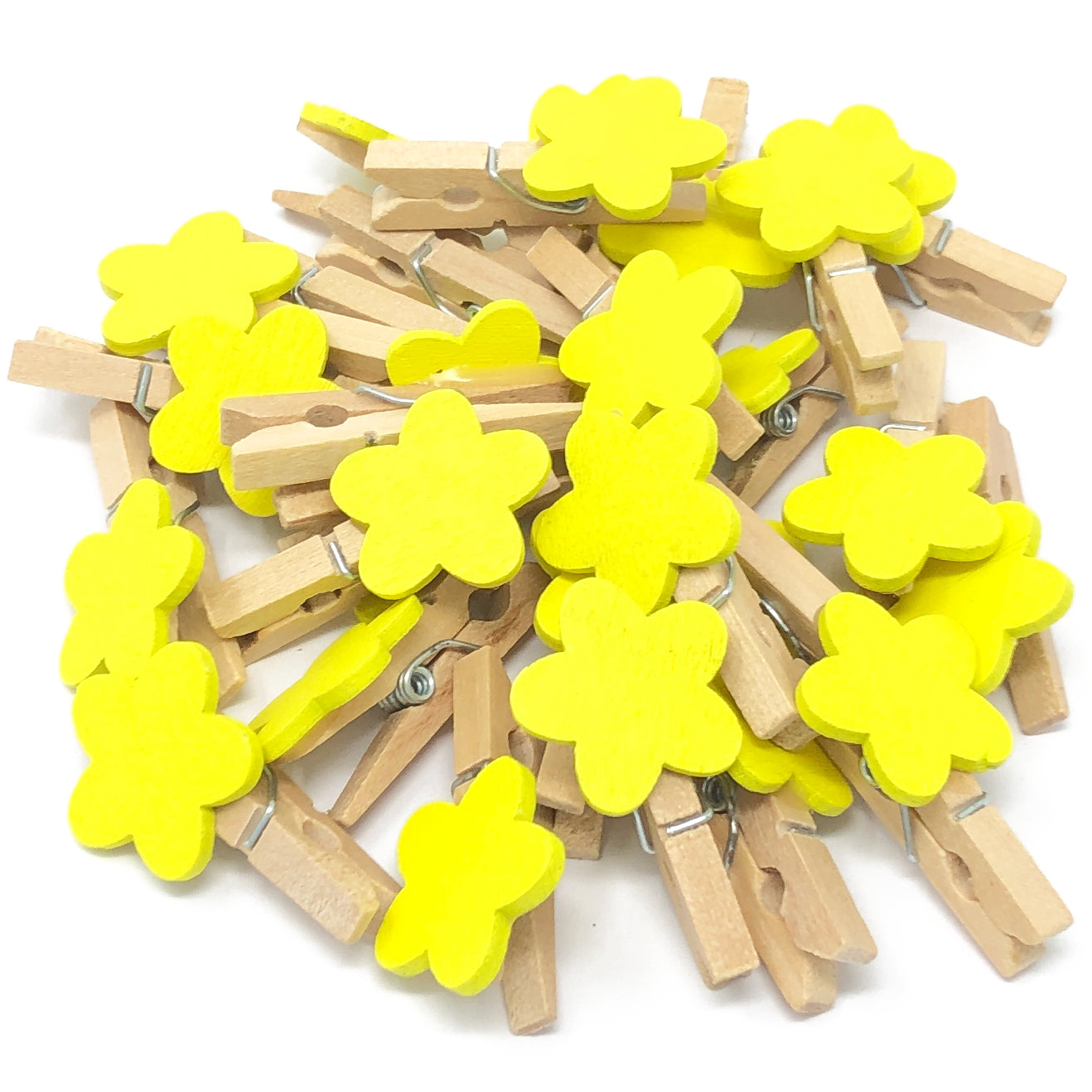 Yellow 30mm Natural Pegs with 18mm Coloured Wooden Flowers