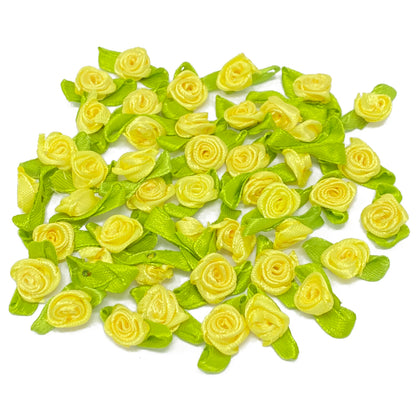 Yellow Mini 15mm Rose Satin Ribbon Rose Buds With Base